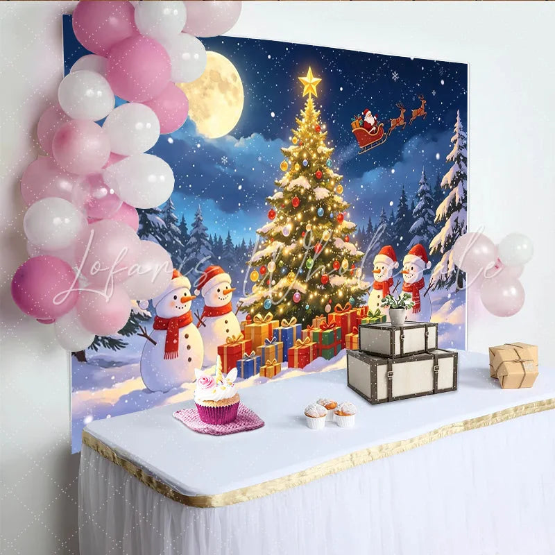 Lofaris Magical Snowy Christmas Tree Backdrop with Santa and Reindeer Festive Winter Wonderland Background for Holiday Party Decor