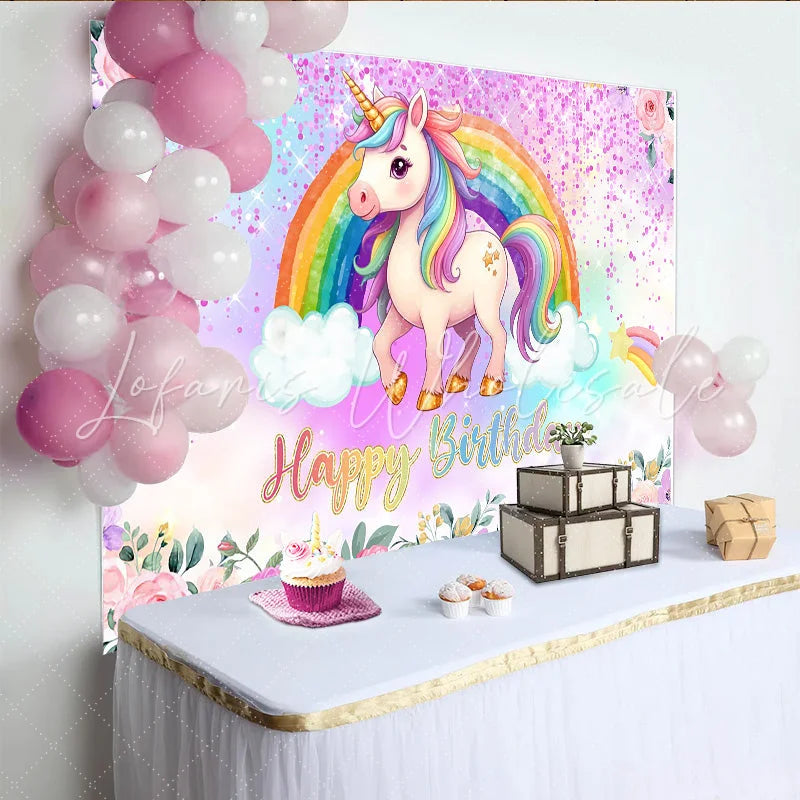 Lofaris Magical Unicorn Rainbow Backdrop Floral and Pink Glitter Photography Background for Happy Birthday Party