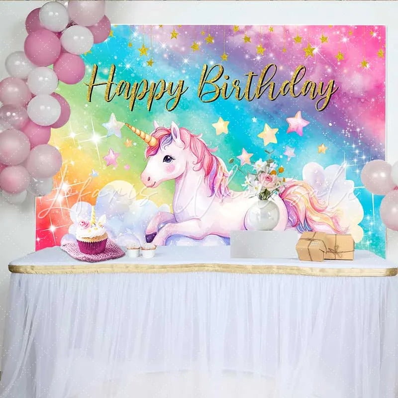 Lofaris Magical Unicorn Rainbow Backdrop Sparkling Galaxy and Clouds Birthday Party Banner
