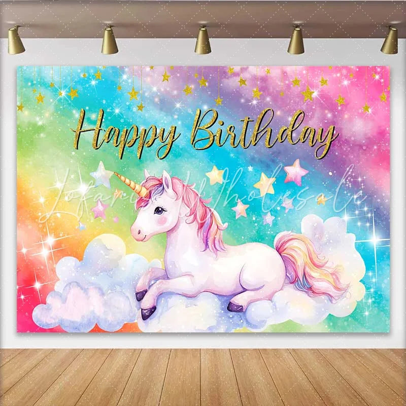 Lofaris Magical Unicorn Rainbow Backdrop Sparkling Galaxy and Clouds Birthday Party Banner