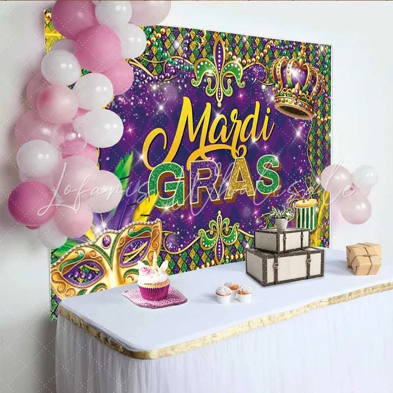 Lofaris Mardi Gras Backdrop Purple Green Gold Mask Beads Crown Photography Background New Orleans Carnival Party Decoration Prop