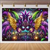Lofaris Mardi Gras Carnival Mask Backdrop Golden Wings and Purple Feathers Party Banner
