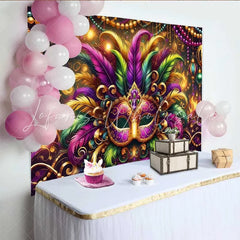 Lofaris Mardi Gras Grand Gala Backdrop Multi-Color Feather Mask and Golden Beads Banner