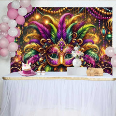 Lofaris Mardi Gras Grand Gala Backdrop Multi-Color Feather Mask and Golden Beads Banner