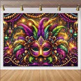 Lofaris Mardi Gras Grand Gala Backdrop Multi-Color Feather Mask and Golden Beads Banner