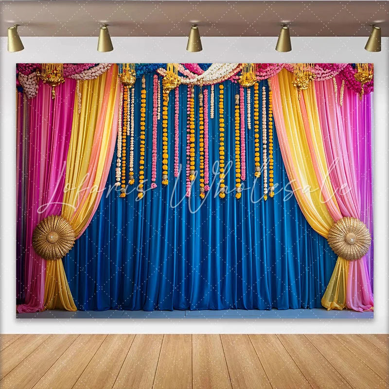 Lofaris Marigold Floral Stage Backdrop Blue Curtains and Vibrant Hanging Flower Strings Event Banner