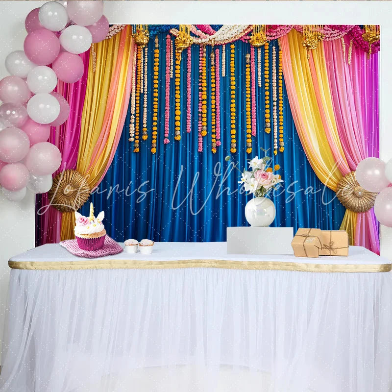 Lofaris Marigold Floral Stage Backdrop Blue Curtains and Vibrant Hanging Flower Strings Event Banner