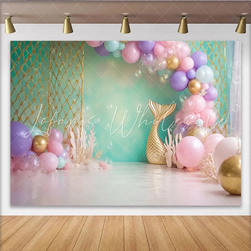 Lofaris Mermaid Birthday Backdrop with Pastel Balloons and Gold Tail Magical Underwater Party Decor for Girl Photoshoot