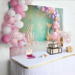Lofaris Mermaid Birthday Backdrop with Pastel Balloons and Gold Tail Magical Underwater Party Decor for Girl Photoshoot