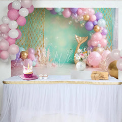 Lofaris Mermaid Birthday Backdrop with Pastel Balloons and Gold Tail Magical Underwater Party Decor for Girl Photoshoot