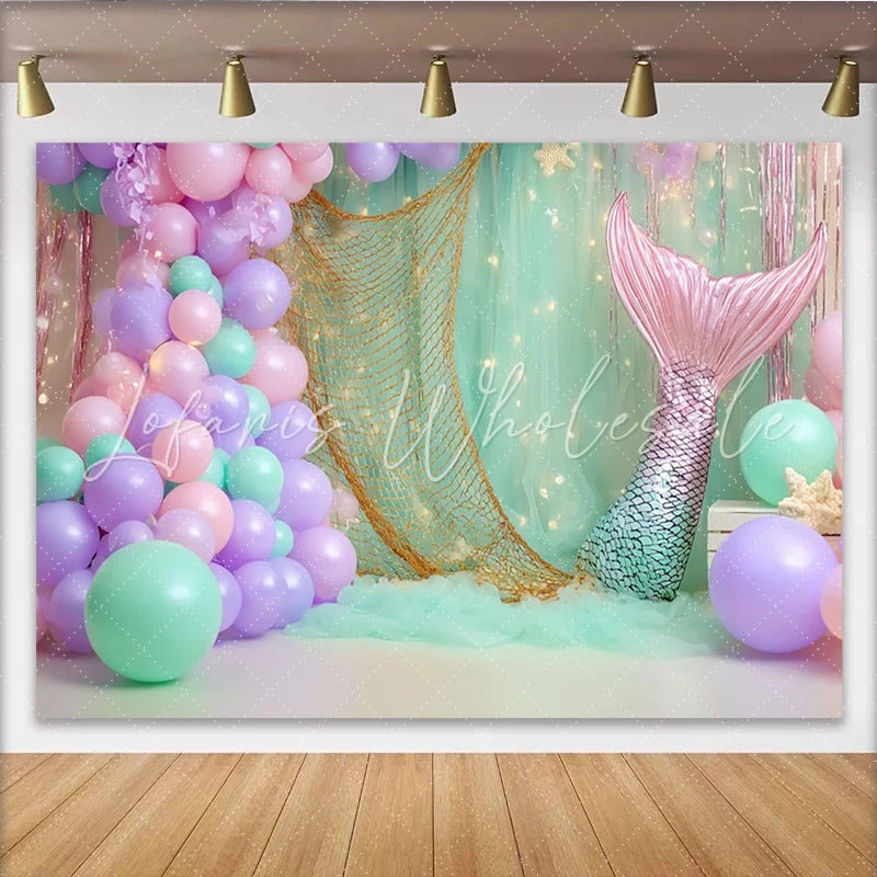 Lofaris Mermaid Birthday Backdrop with Pastel Balloons and Tail Magical Underwater Party Decor for Kids Photoshoot