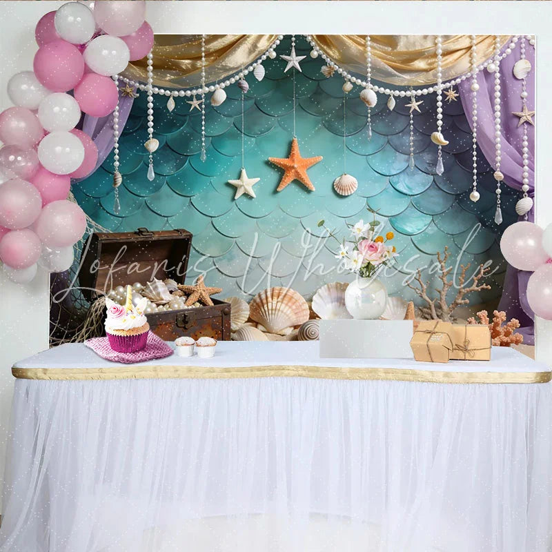 Lofaris Mermaid Photography Backdrop with Teal Scales and Treasure Chest Ocean Theme Photo Background for Studio Photoshoot