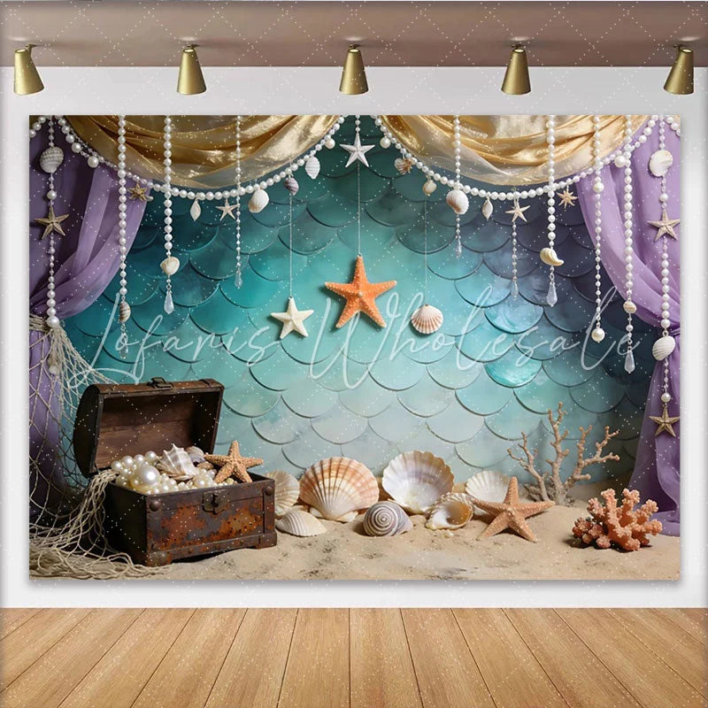 Lofaris Mermaid Photography Backdrop with Teal Scales and Treasure Chest Ocean Theme Photo Background for Studio Photoshoot