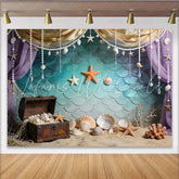 Lofaris Mermaid Photography Backdrop with Teal Scales and Treasure Chest Ocean Theme Photo Background for Studio Photoshoot