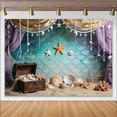 Lofaris Mermaid Photography Backdrop with Teal Scales and Treasure Chest Ocean Theme Photo Background for Studio Photoshoot