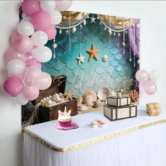 Lofaris Mermaid Photography Backdrop with Teal Scales and Treasure Chest Ocean Theme Photo Background for Studio Photoshoot