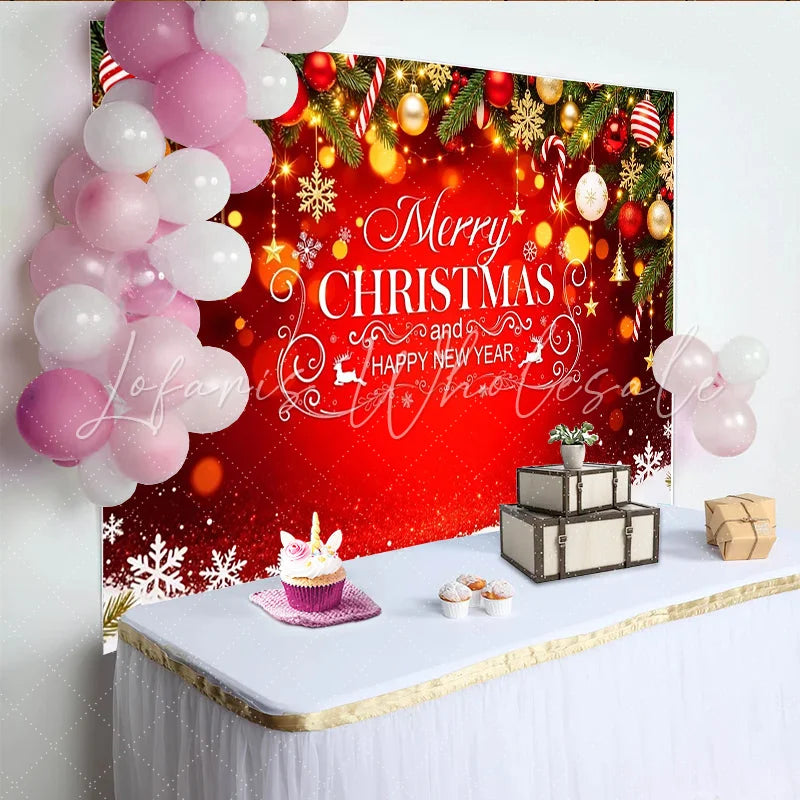 Lofaris Merry Christmas and Happy New Year Backdrop with Pine Branches Ornaments and Snowflakes Festive Holiday Background for Party Decor