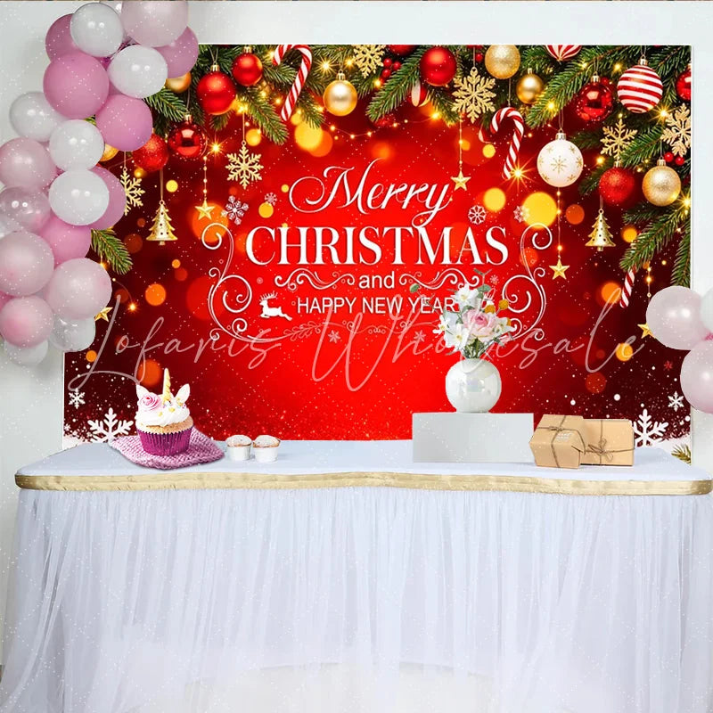 Lofaris Merry Christmas and Happy New Year Backdrop with Pine Branches Ornaments and Snowflakes Festive Holiday Background for Party Decor