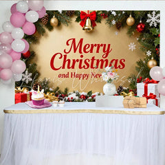 Lofaris Merry Christmas and Happy New Year Party Backdrop Festive Gold Holiday Decor with Garland and Gifts