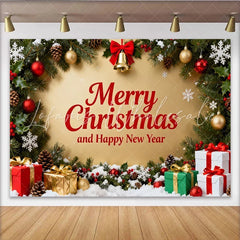 Lofaris Merry Christmas and Happy New Year Party Backdrop Festive Gold Holiday Decor with Garland and Gifts