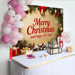 Lofaris Merry Christmas and Happy New Year Party Backdrop Festive Gold Holiday Decor with Garland and Gifts