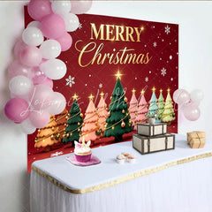 Lofaris Merry Christmas Backdrop with Colorful Stylized Trees and Snowflakes Festive Holiday Background for Winter Celebration