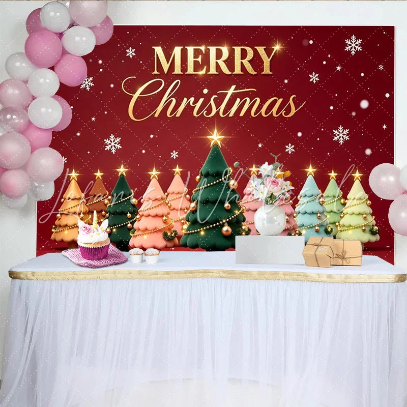 Lofaris Merry Christmas Backdrop with Colorful Stylized Trees and Snowflakes Festive Holiday Background for Winter Celebration