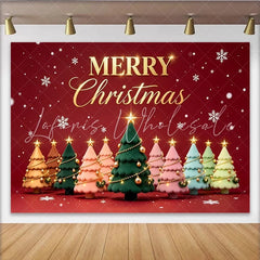 Lofaris Merry Christmas Backdrop with Colorful Stylized Trees and Snowflakes Festive Holiday Background for Winter Celebration