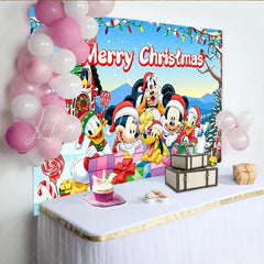 Lofaris Merry Christmas Backdrop with Mickey Mouse and Friends Disney Inspired Winter Snow Scene Holiday Party Decor