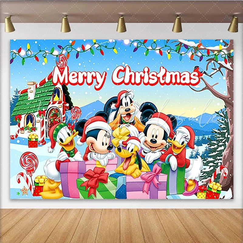 Lofaris Merry Christmas Backdrop with Mickey Mouse and Friends Disney Inspired Winter Snow Scene Holiday Party Decor