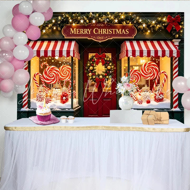 Lofaris Merry Christmas Candy Shop Photography Backdrop with Wreath and Garlands Festive Holiday Background for Party Decoration