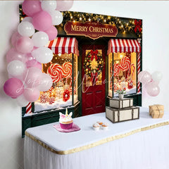 Lofaris Merry Christmas Candy Shop Photography Backdrop with Wreath and Garlands Festive Holiday Background for Party Decoration