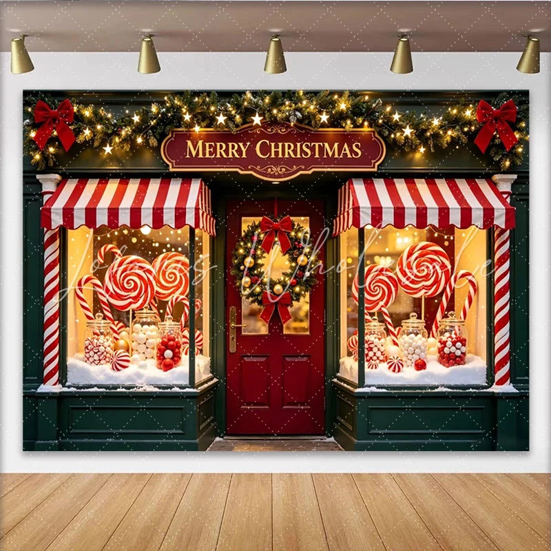 Lofaris Merry Christmas Candy Shop Photography Backdrop with Wreath and Garlands Festive Holiday Background for Party Decoration