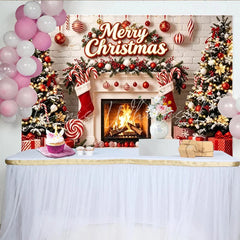 Lofaris Merry Christmas Festive Backdrop with Decorated Trees and Fireplace Red and White Holiday Decor for Winter Photoshoot and Party