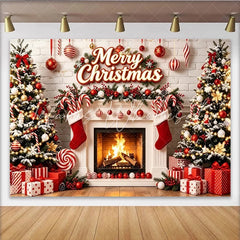 Lofaris Merry Christmas Festive Backdrop with Decorated Trees and Fireplace Red and White Holiday Decor for Winter Photoshoot and Party