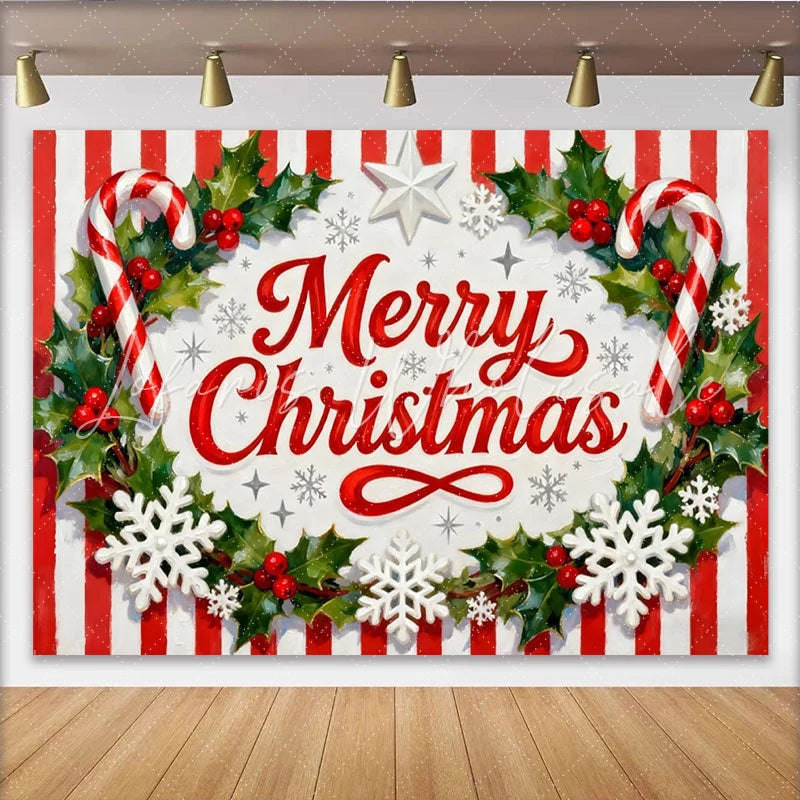 Lofaris Merry Christmas Holly and Berries Candy Cane Party Backdrop Red White Stripes Festive Holiday Decor