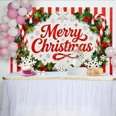 Lofaris Merry Christmas Holly and Berries Candy Cane Party Backdrop Red White Stripes Festive Holiday Decor