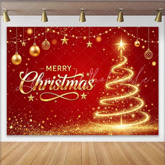 Lofaris Merry Christmas Red and Gold Glowing Tree Backdrop with Ornaments Sparkling Glitter Holiday Background for Festive Party Decor