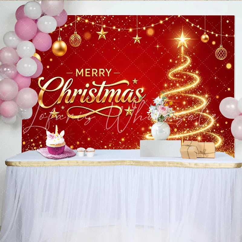 Lofaris Merry Christmas Red and Gold Glowing Tree Backdrop with Ornaments Sparkling Glitter Holiday Background for Festive Party Decor