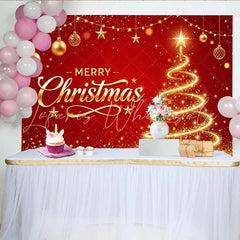 Lofaris Merry Christmas Red and Gold Glowing Tree Backdrop with Ornaments Sparkling Glitter Holiday Background for Festive Party Decor