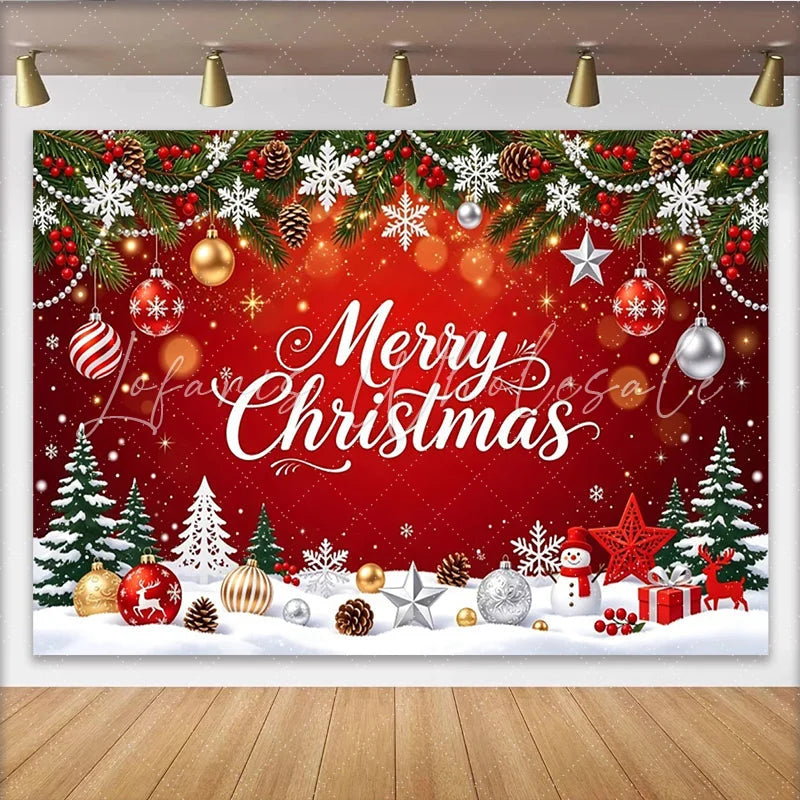 Lofaris Merry Christmas Red Holiday Backdrop with Snowflakes and Pine Trees Festive Winter Party Decor for Photoshoot