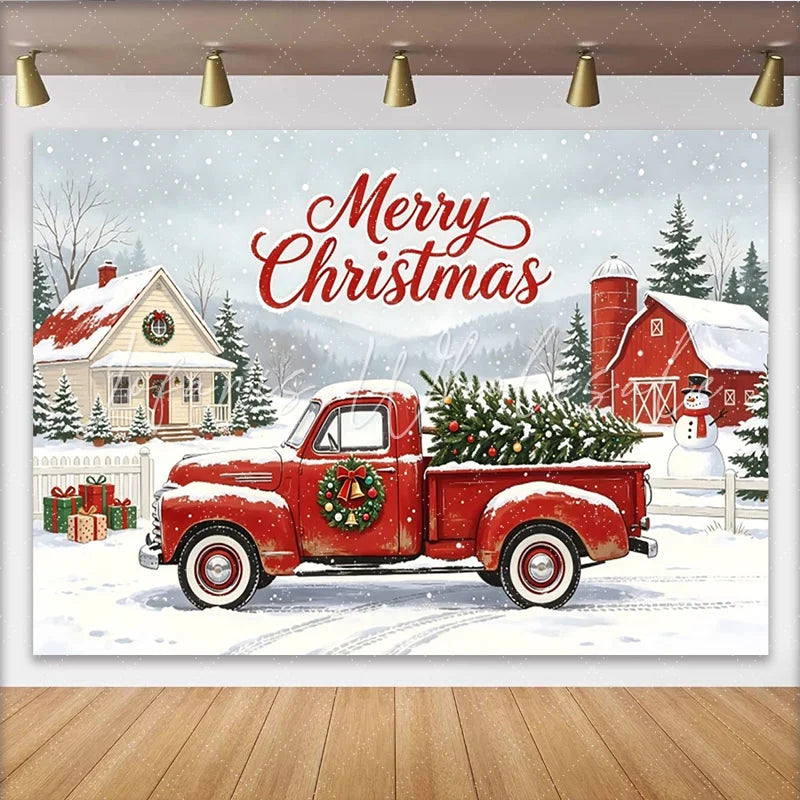 Lofaris Merry Christmas Red Truck Backdrop with Snowy Winter Village Festive Holiday Photography Background for Family Photoshoot