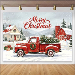 Lofaris Merry Christmas Red Truck Backdrop with Snowy Winter Village Festive Holiday Photography Background for Family Photoshoot