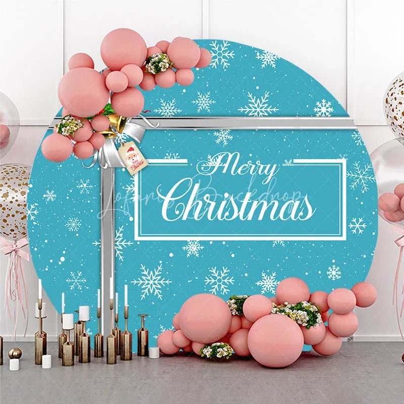 Lofaris Merry Christmas Round Backdrop Blue Snowflake Gift Box Silver Ribbon Jingle Bells Holiday Party Decor