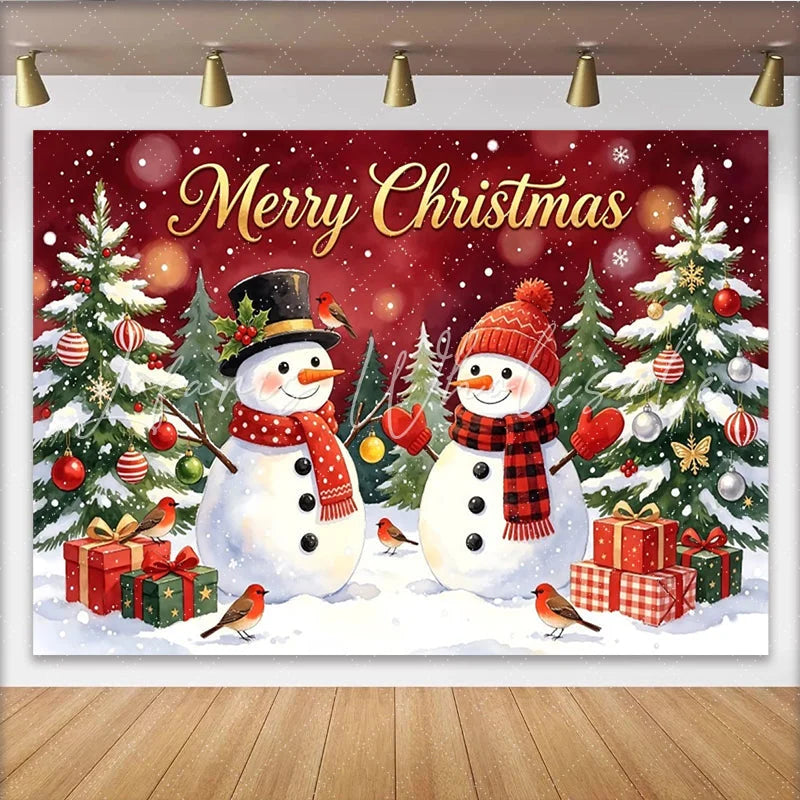 Lofaris Merry Christmas Snowman and Tree Holiday Backdrop with Festive Gifts and Falling Snow Winter Wonderland Photo Background for Party
