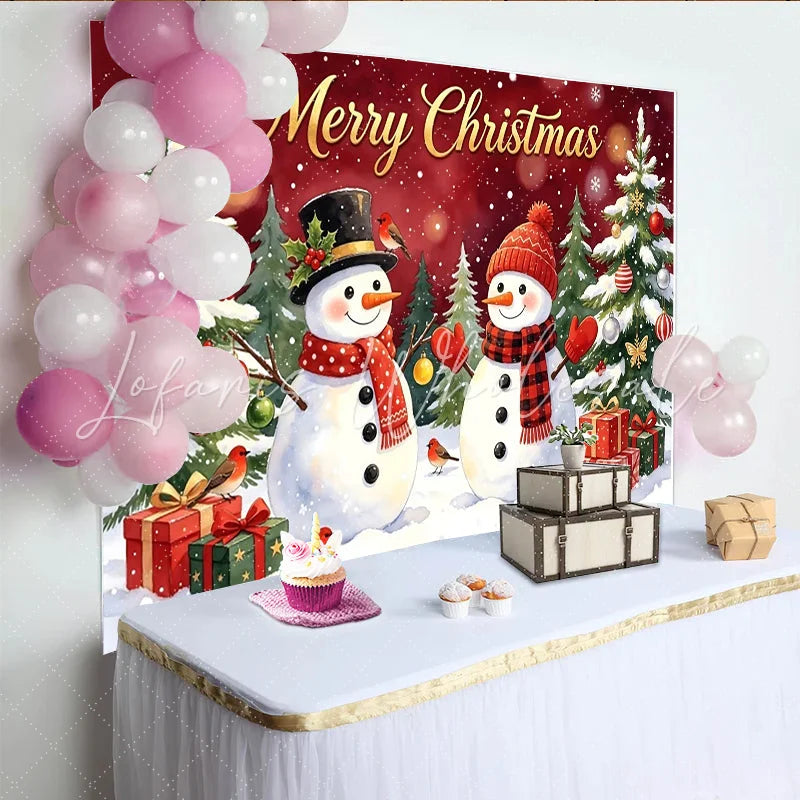 Lofaris Merry Christmas Snowman and Tree Holiday Backdrop with Festive Gifts and Falling Snow Winter Wonderland Photo Background for Party