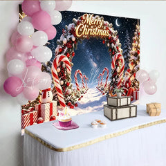 Lofaris Merry Christmas Snowy Night Backdrop with Santa Pine Trees and Candy Canes Festive Background for Winter Holiday Celebration