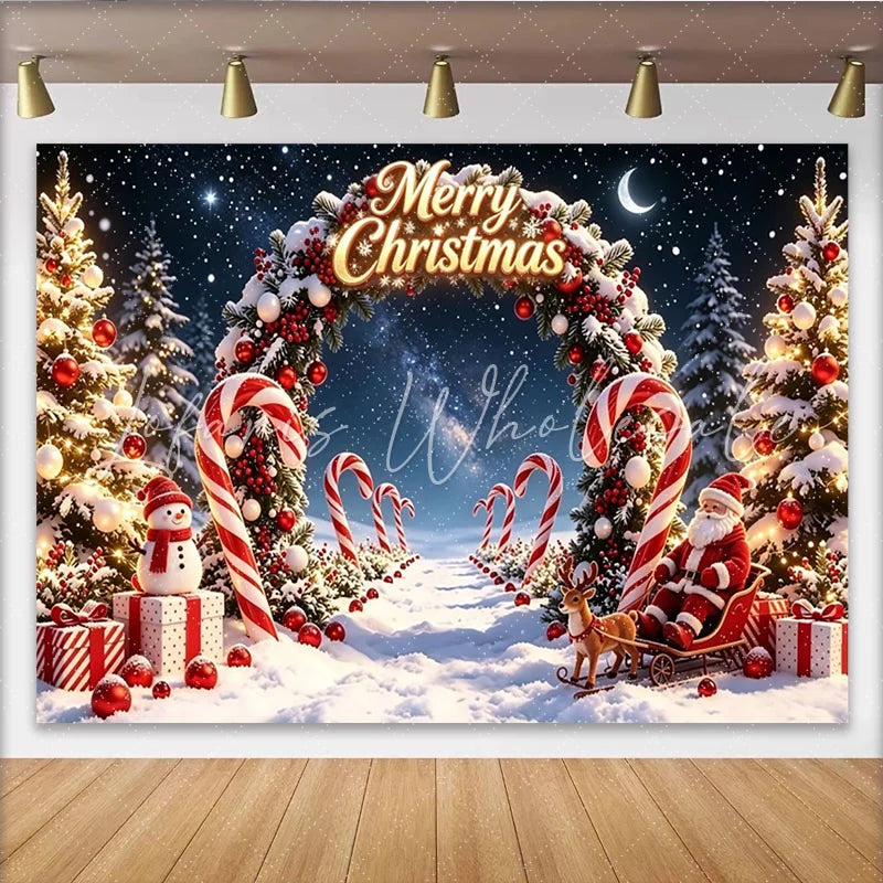 Lofaris Merry Christmas Snowy Night Backdrop with Santa Pine Trees and Candy Canes Festive Background for Winter Holiday Celebration