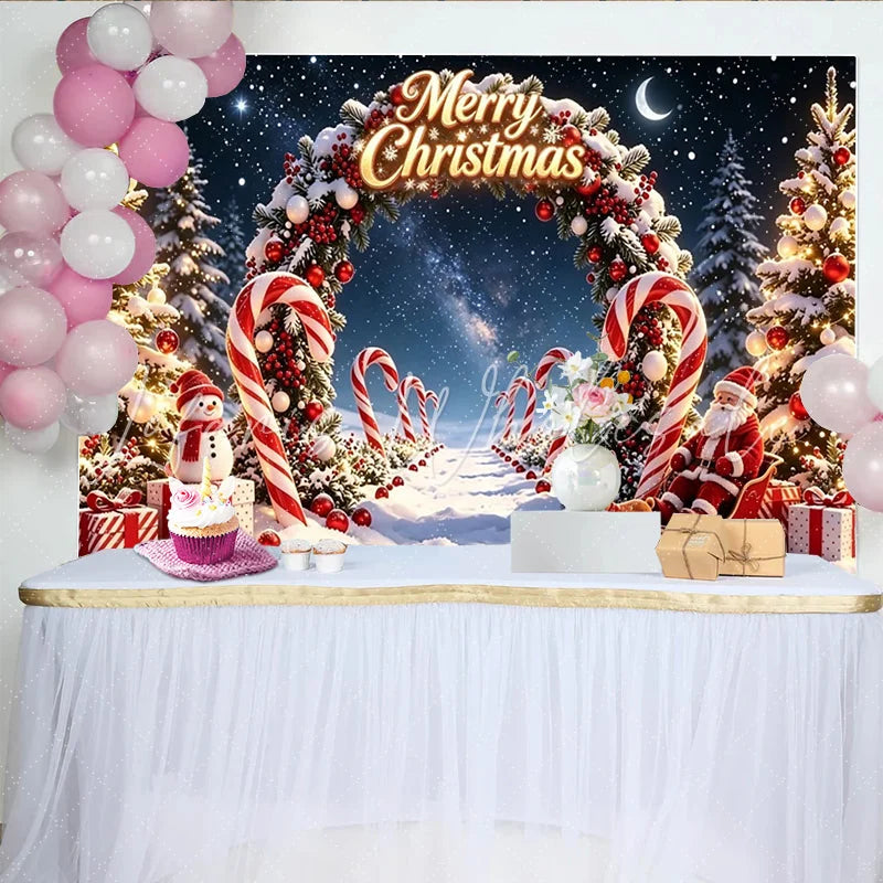 Lofaris Merry Christmas Snowy Night Backdrop with Santa Pine Trees and Candy Canes Festive Background for Winter Holiday Celebration
