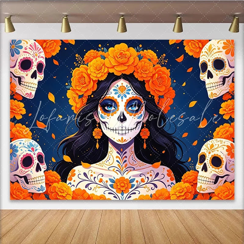 Lofaris Mexican Fiesta Day of the Dead Backdrop with Sugar Skull Woman Vibrant Marigold Flowers Background for Celebration Decor.